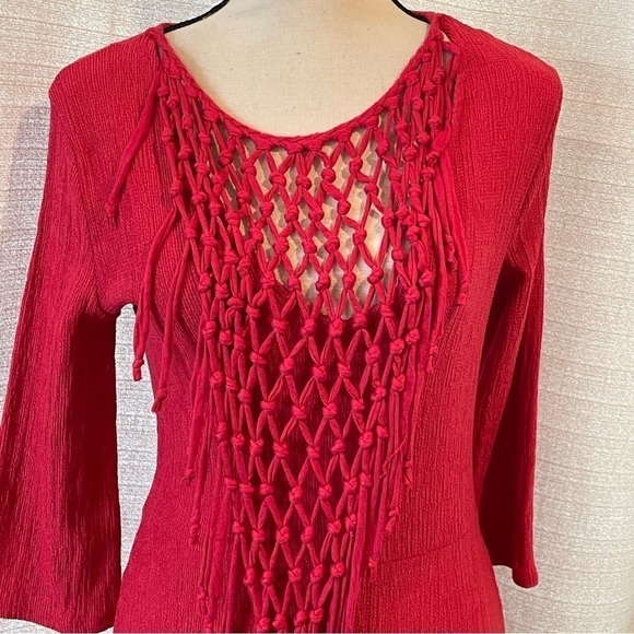 ZARA Women's Red Crochet Knotted Bib Maxi Dress 3/4 Sleeve Sz S - Picture 4 of 10